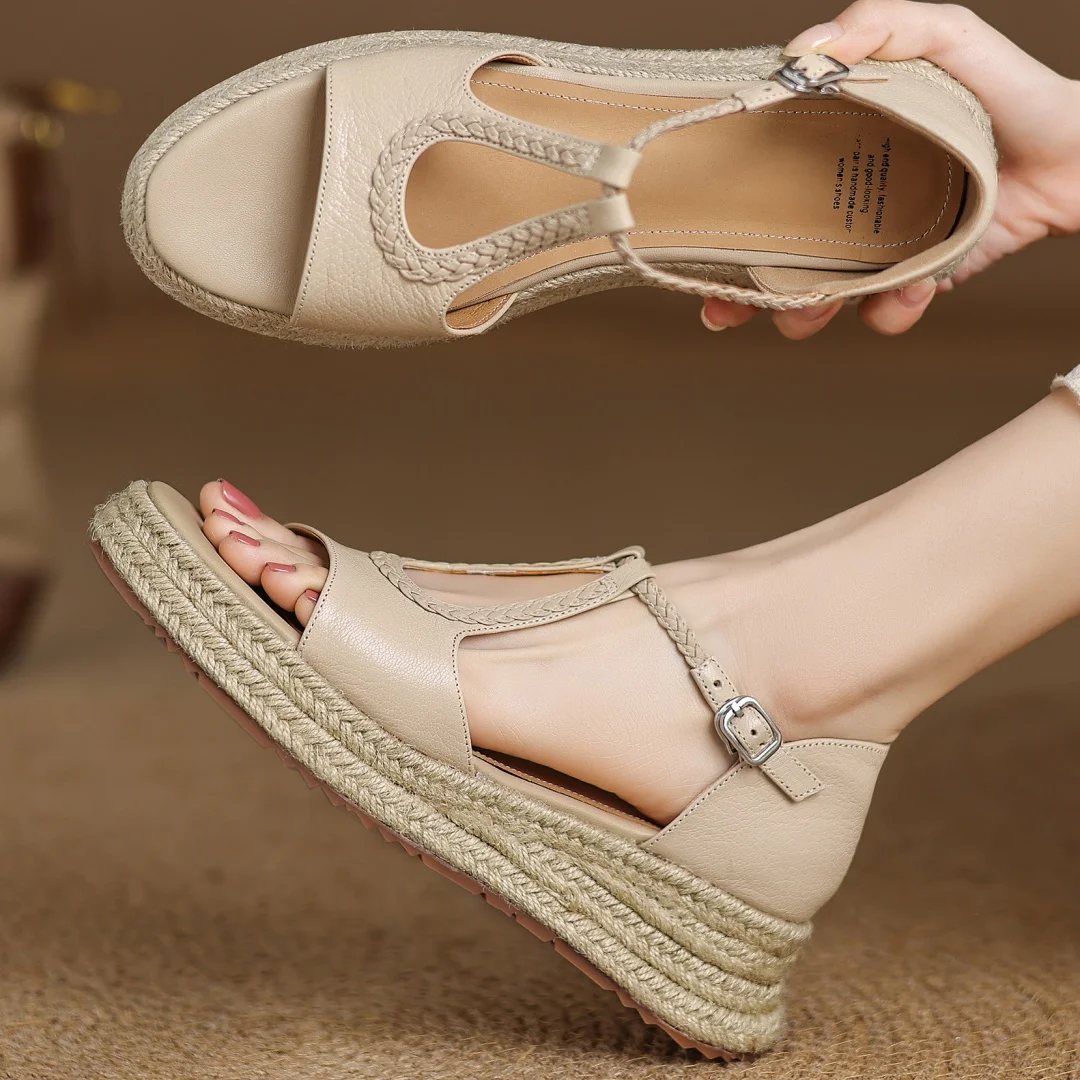 

Женские сандалии на плоской подошве с узким ремешком и Т-образным ремешком из конопли на толстой подошве, повседневная женская летняя повседневная обувь с открытым носком для женщин