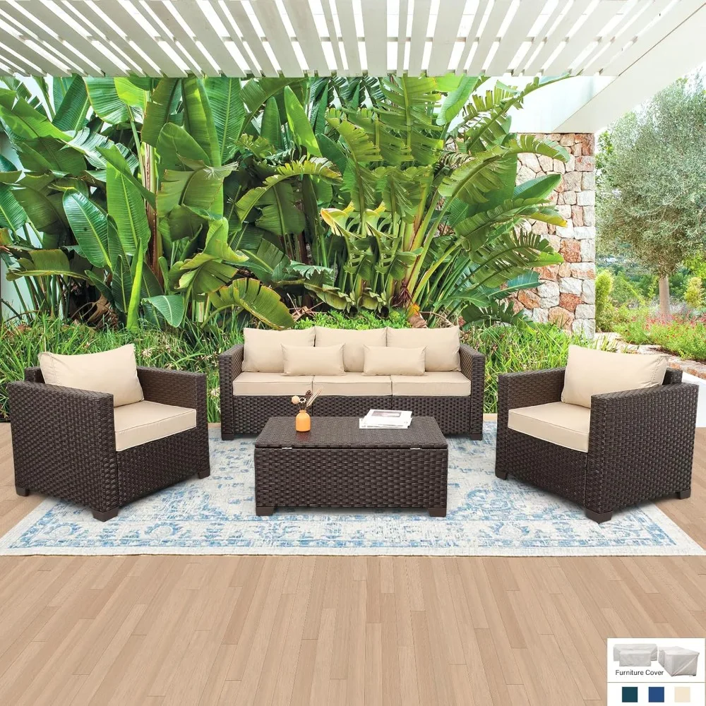 

Courtyard Furniture Set 4-piece Outdoor Furniture Set Courtyard Sofa Outdoor Chair Coffee Table with Storage