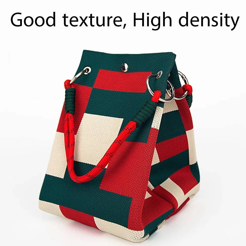 Ins Women's Color Block Knit Tote Bag Bucket Bag Storage Bag with Adjustable Straps & Metal Rings Snap Closure for Casual Travel