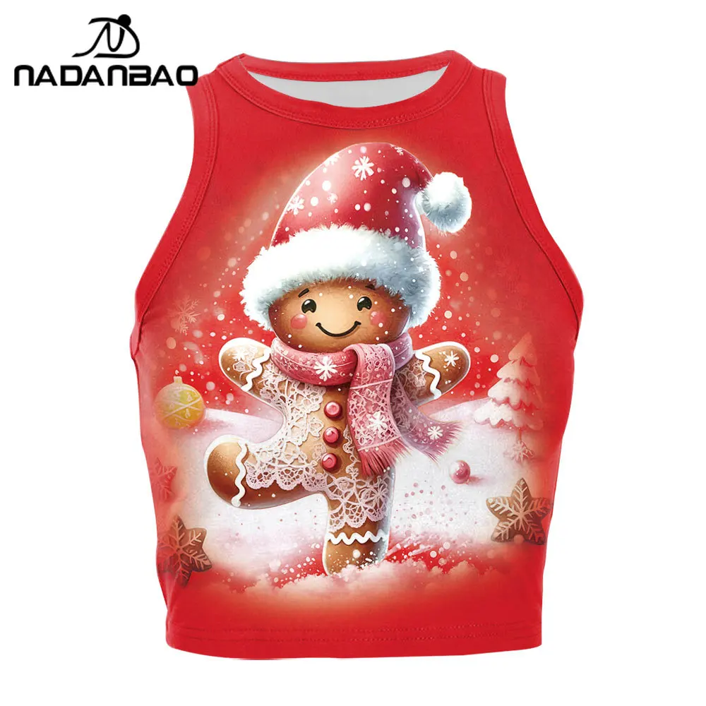 Nadanbao-Top corto con estampado de pan de jengibre para mujer, camisa roja sin mangas de Navidad, trajes de fiesta y Festival, camiseta sin mangas Sexy de verano
