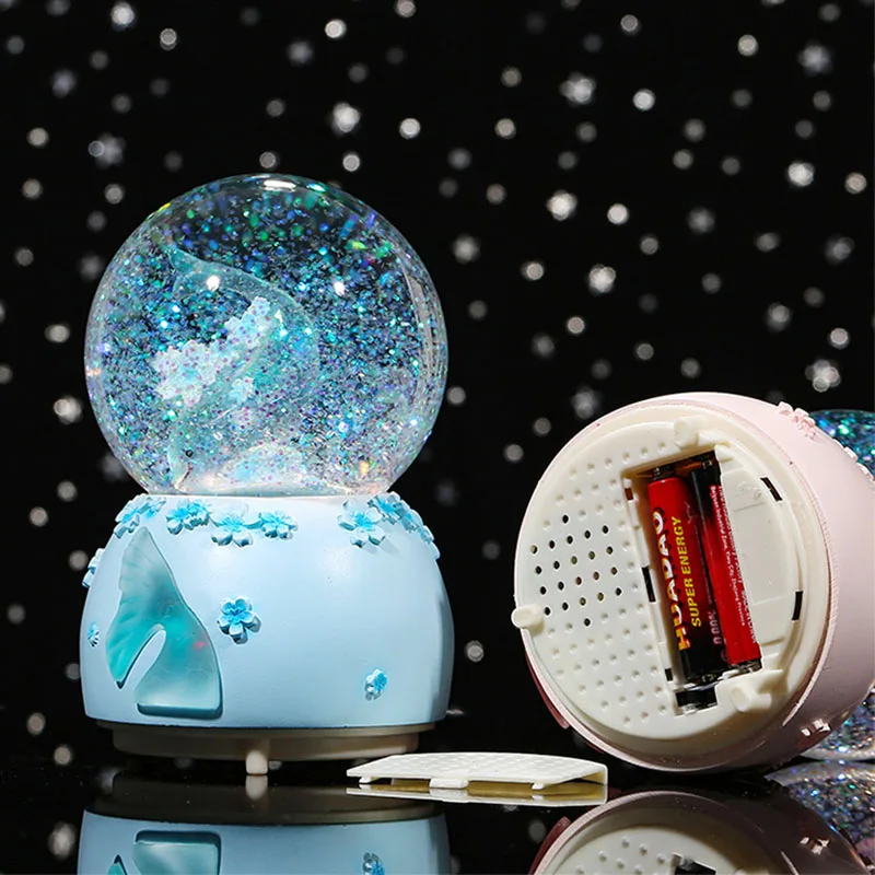 Resin Base Glass Crystal Ball Pink Transparent Whale Illumination Snow Globe With Music Children Bedroom Desktop Decor 스노우볼