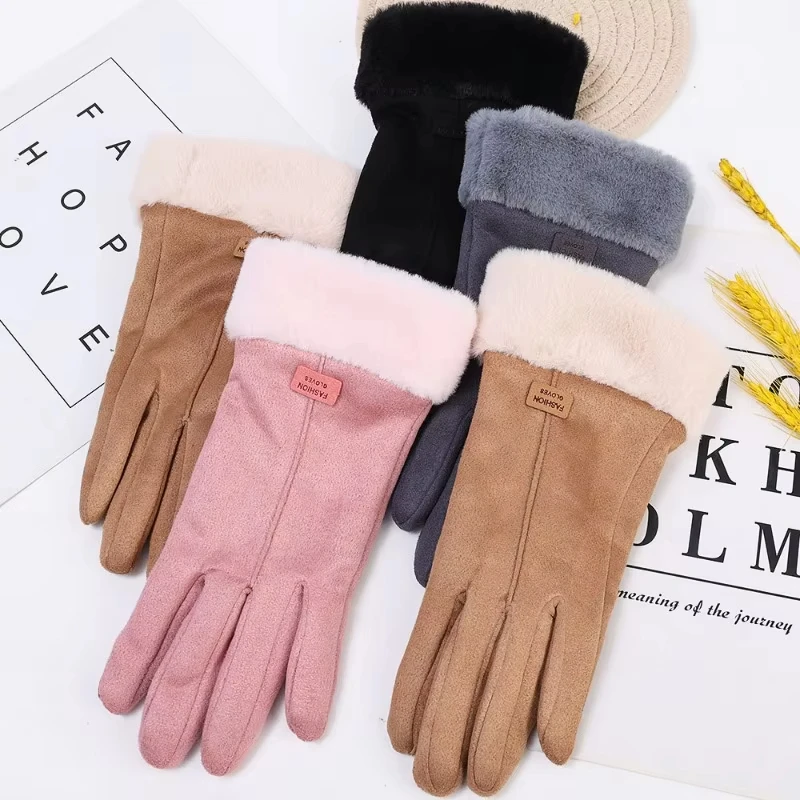 

Women Winter Thick Plush Gloves Fashion Warm Suede Outdoor Guantes Lady Touchscreen Driving Gloves Sports Cycling Mittens