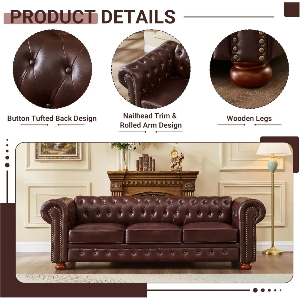 Chesterfield Sofa, 89" Faux Leather Sofa, Upholstered Sofa, Low Back, Rolled Arms Nailhead Trim, Classic 3 Seater Sofa image 4