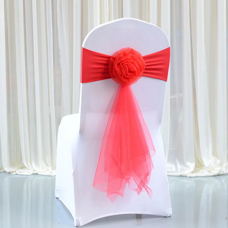 Elastic No-Tie Wedding Bow Chair Back Flowers, Hotel Banquet Wedding Mesh Ribbon Decorative Ties