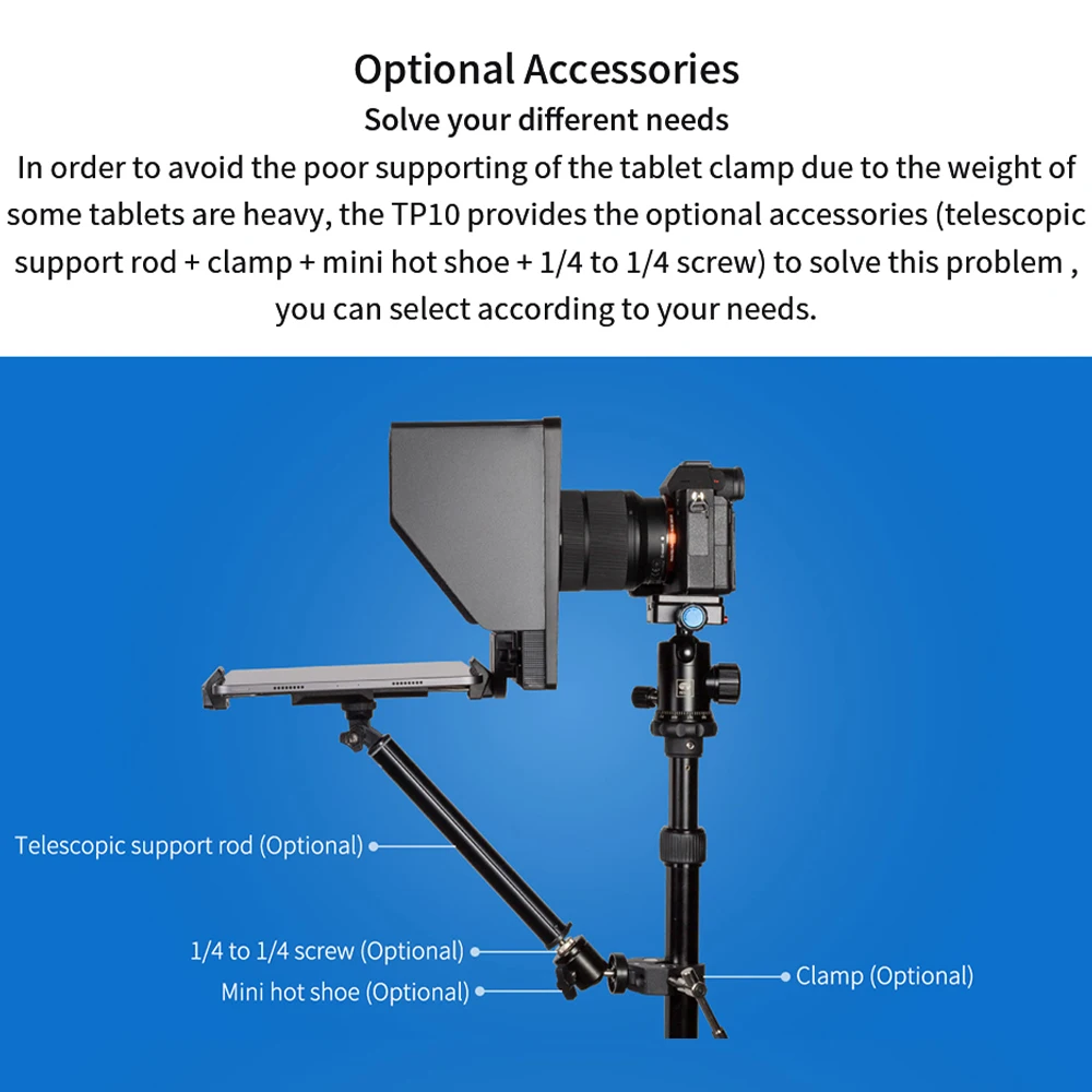 FEELWORLD TP10 Teleprompter portatile pieghevole da 10 pollici per smartphone/fotocamera DSLR con controllo Bluetooth e adattatore per obiettivo