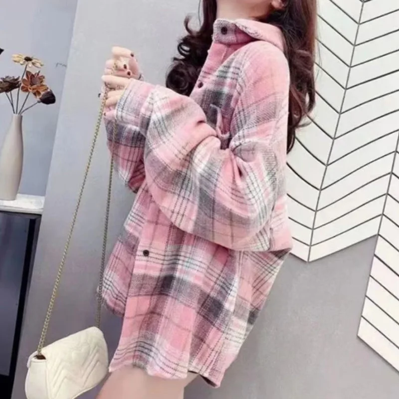 Business Casual Office Lady Simplicity Blouses Printing Plaid Buttons Casual Fashion Loose Winter Thick Warm Women\'s Clothing