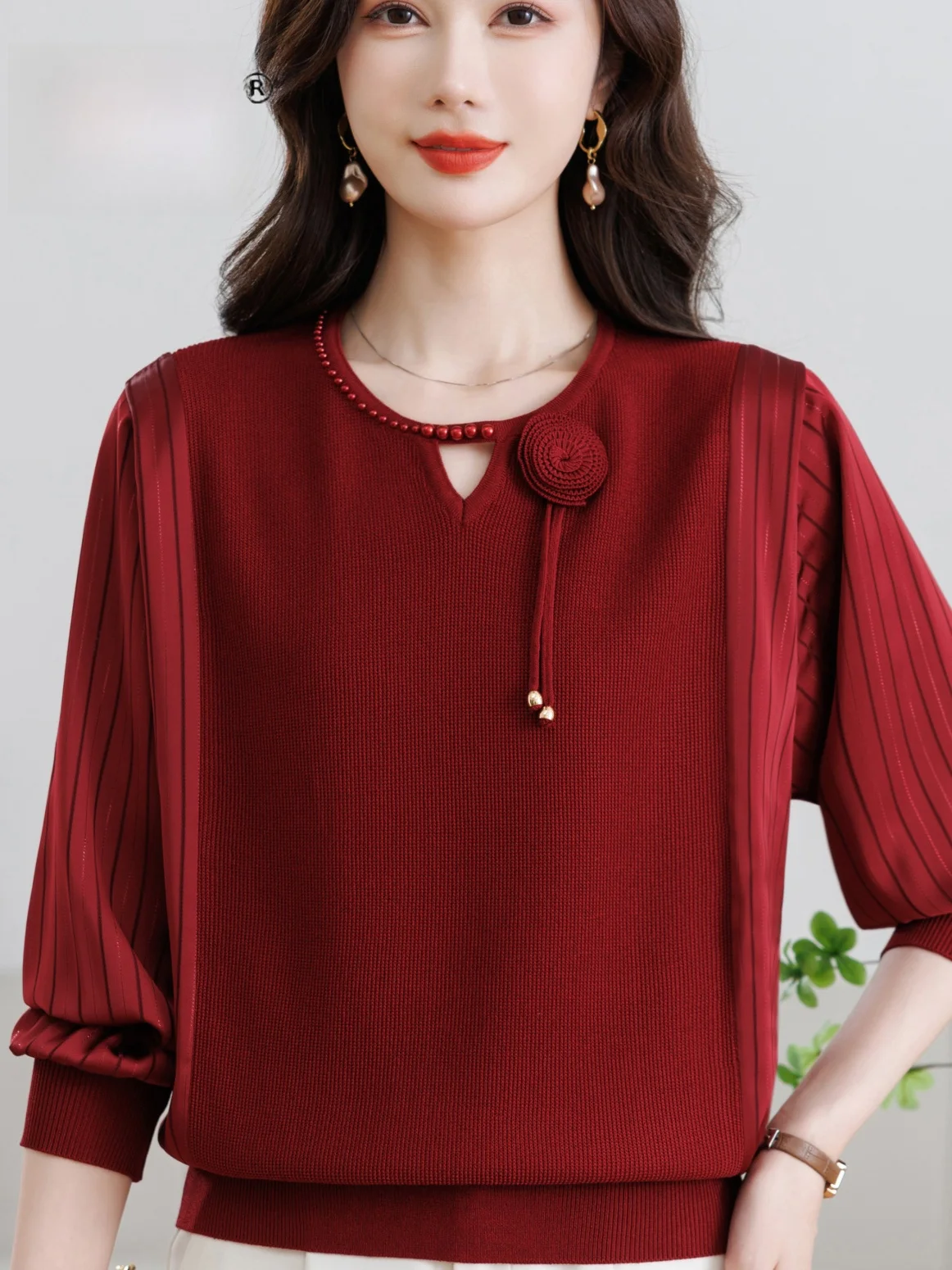 

Весенне-осенний модный вязаный топ с жемчугом для женщин, свободный крой, круглый вырез, шифоновые рукава, V-образный вырез, удобный для ношения