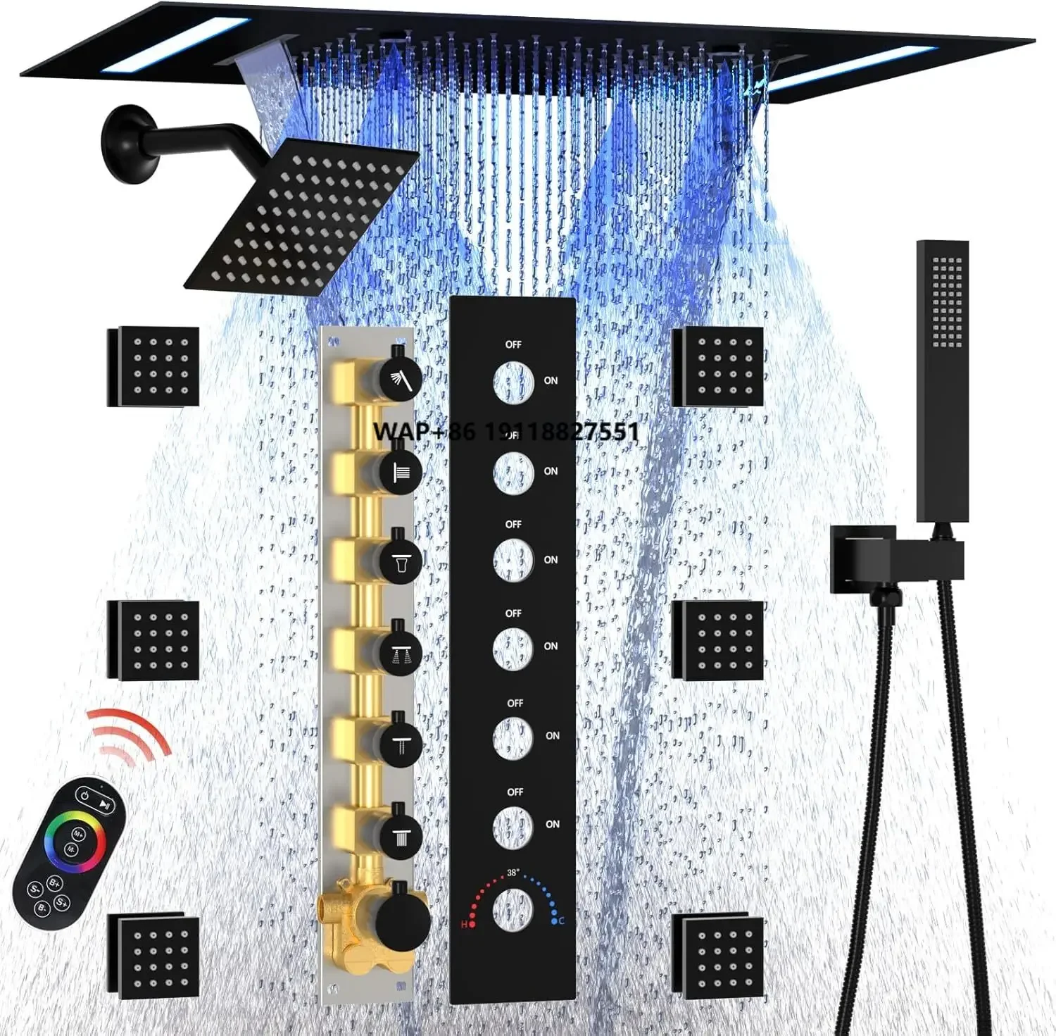14x20inch Luxury Black Ceiling Mount LED Rainfall Double Rain Shower Heads Bathroom Thermostatic Shower System Fixtures Set
