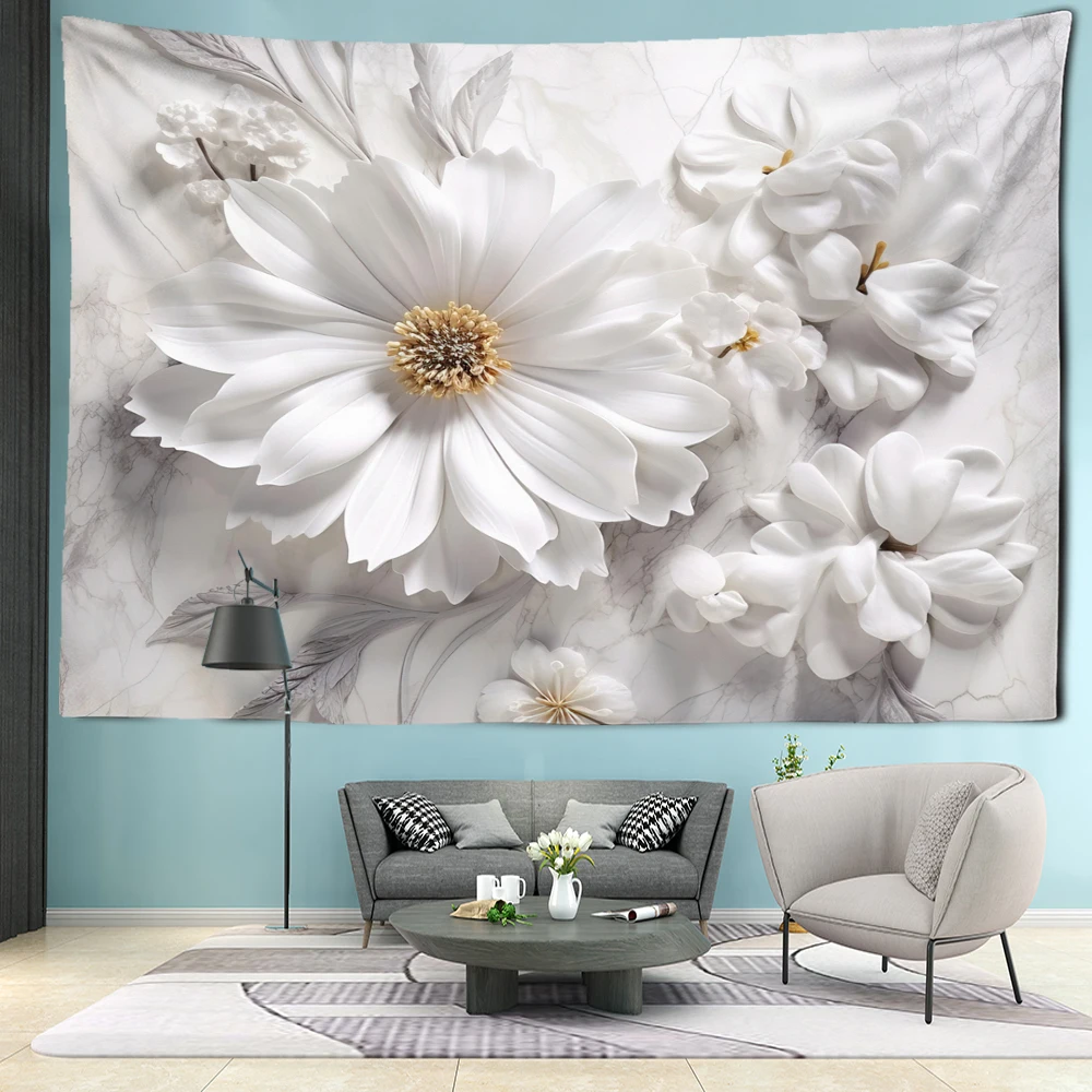 Golden Leaf White Flower Tapestry Wall Hanging Bohemian Minimalist Art Hippie Bedroom Living Room Home Decor Background Cloth
