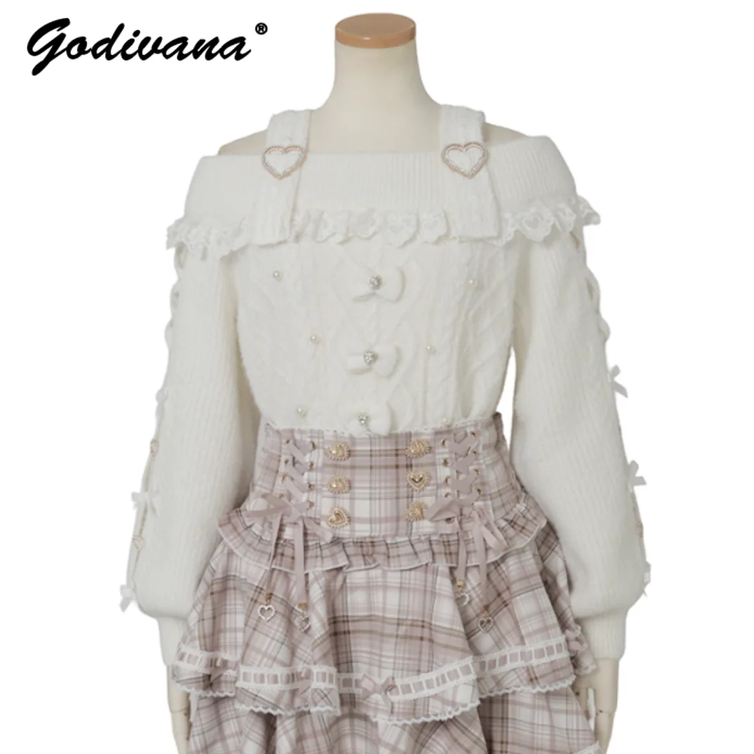 2025 الخريف والشتاء غامض حجر الراين القلب زر القوس محبوك سترة اليابانية ليز الحلو حمالة البلوز البلوزات #3