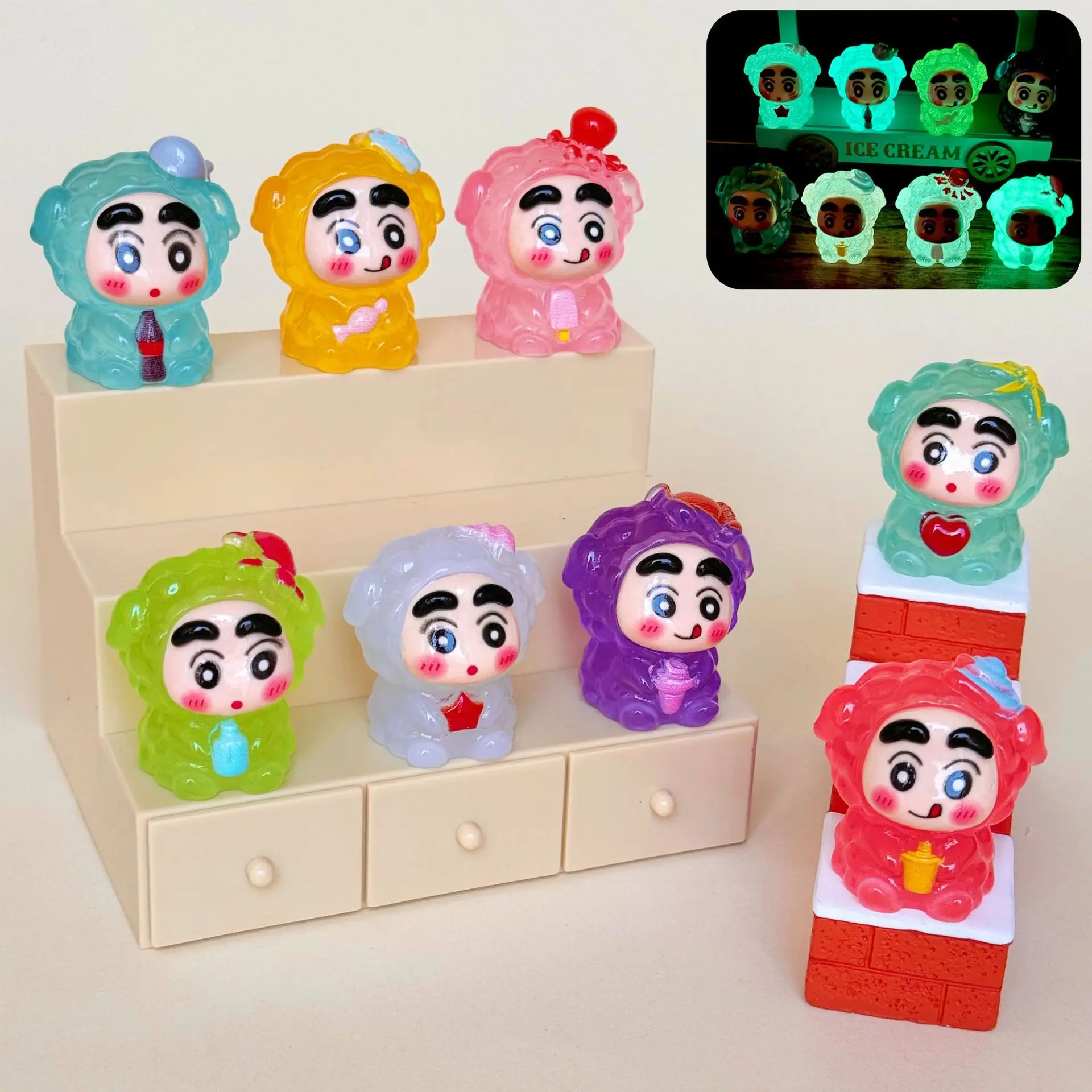 

8 шт. для украшений Shin-chan, светящийся в темноте, сделай сам, смоляный автомобильный/декор для рабочего стола, брелок для ключей, модная игрушка, подвеска, цепочка для мобильного телефона, подарок