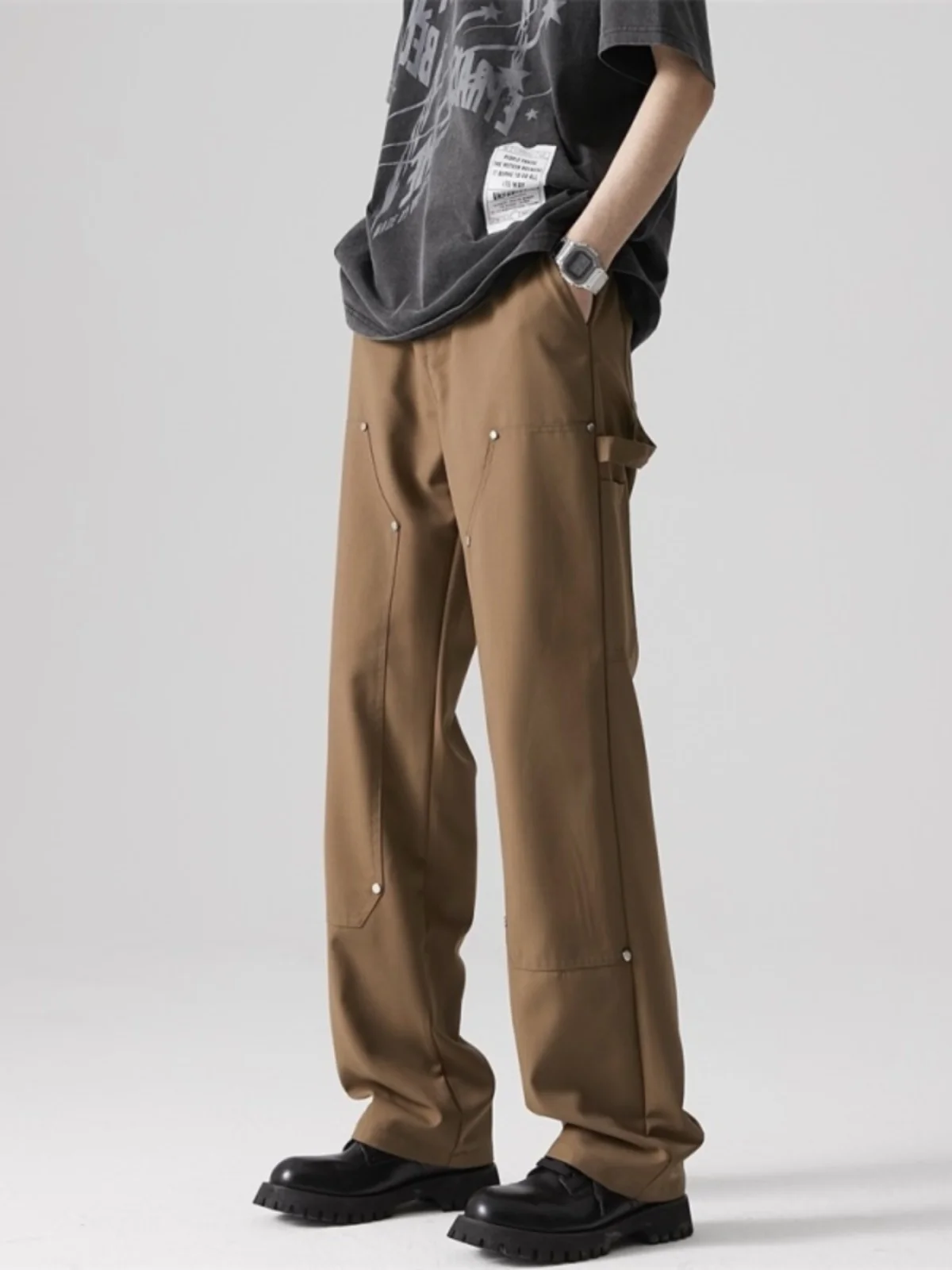 

Ice Silk Brown Workwear Pants American Vintage Logging Knee High Street Summer Casual Loose Fit Straight Leg Trousers