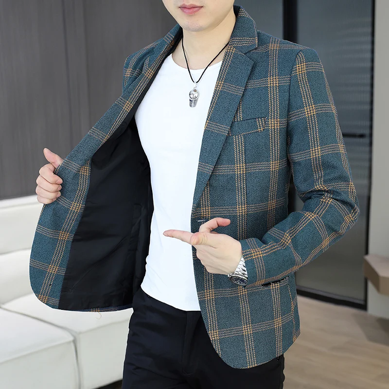 

A new spring style of checkered suit for young men, a trendy and casual men's top, a Korean-style single Western business jacket