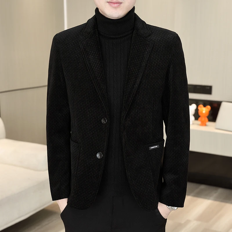 

Trendy Men's Slim Fit Tweed Jaet Autumn Spring Casual Single Piece Top Faionable Youth ulari Long Sve Pure Color