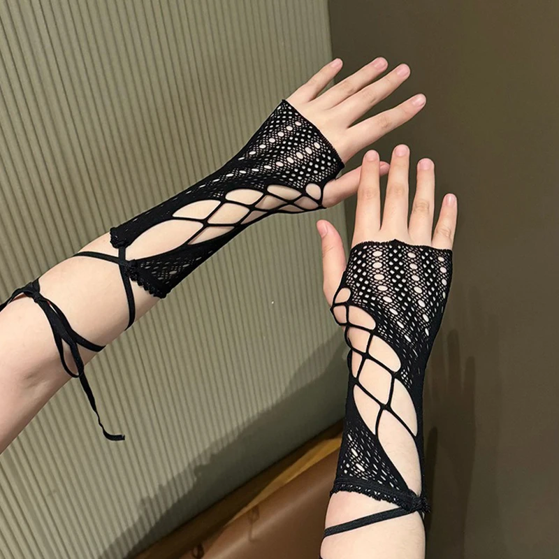 اليوبيل سنة Y2K هوتي خمر الدانتيل عبر التعادل الأصفاد النساء رقيقة ومثير الجوف خارج تصميم المخفي قفازات عبر حزام قفازات #6