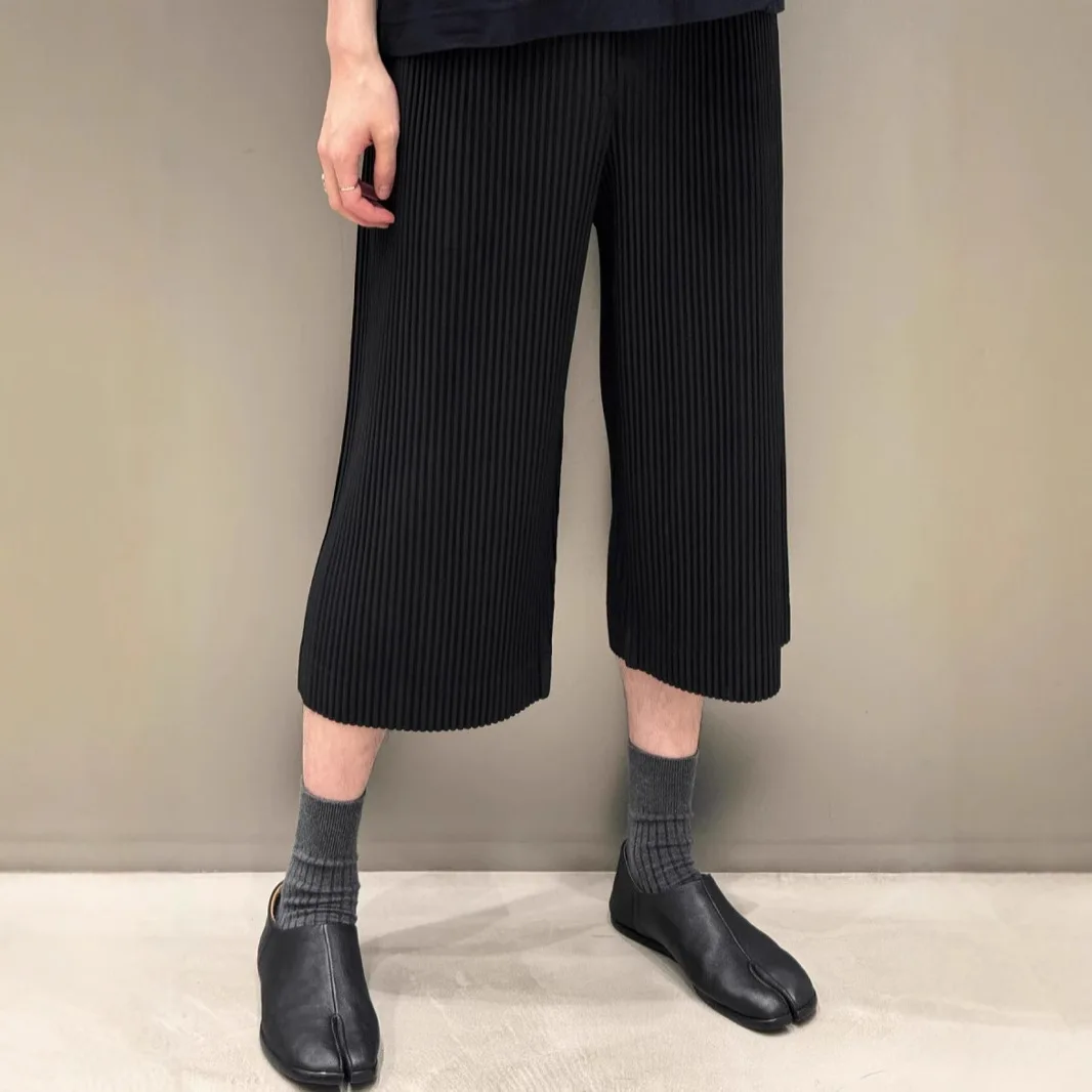 Miyake Men's Summer 2025 Straight Pants Japanese Pleated Trend Fashion Plisse Premium Design Loose Casual Wide Leg Cropped Pants