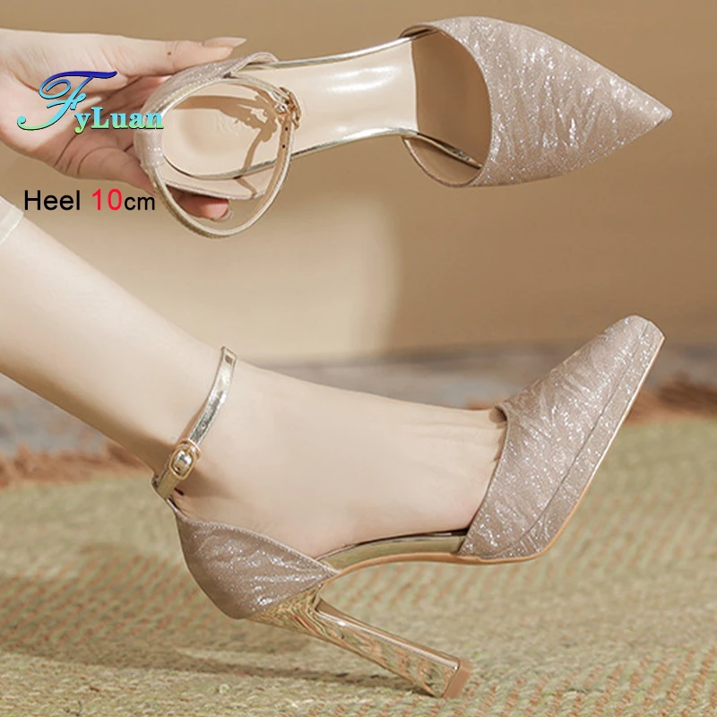 

Fashion Summer Champagne Color Women's Sandals Pointed Toe Thin High Heels 8/10cm Ankle Strap Buckle Ladies Pumps Wedding Shoes