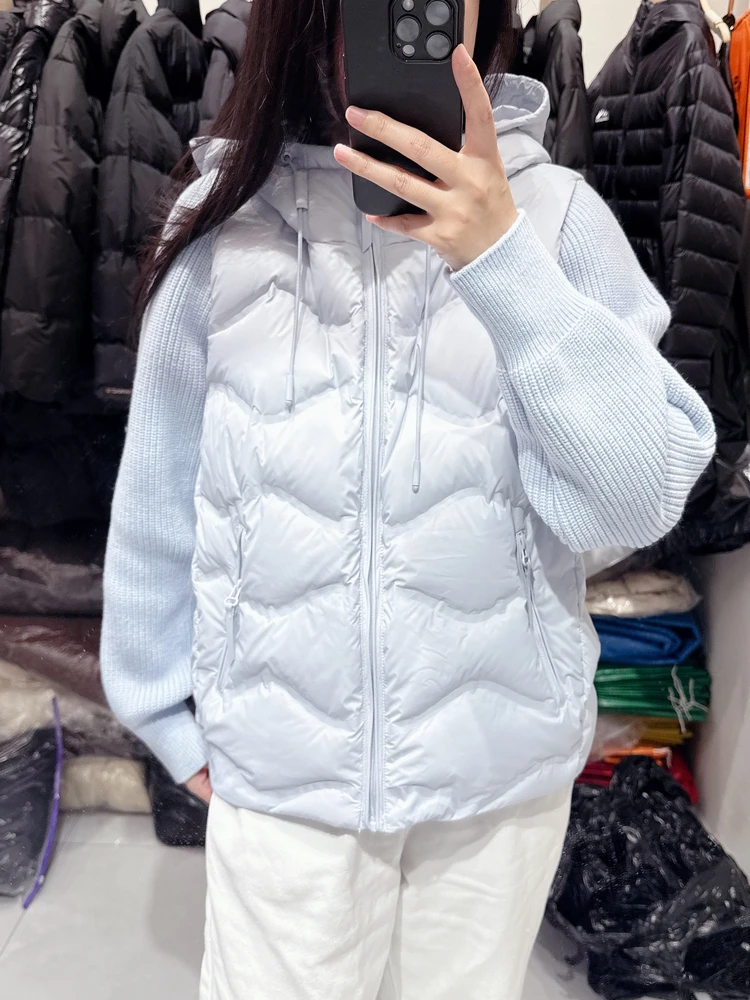 2025, wintermode nieuwe dames donsjack met capuchon, commuter splitsen, gebreide mouwen, lichtgewicht jack