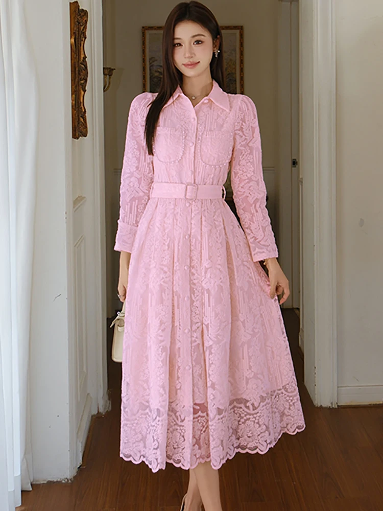 

Элегантное женское платье-рубашка с вышивкой и жаккардовым узором, с воротником поло, облегающее, на завязках, весна-осень, корейский люксовый стиль, для выпускного вечера, 2026