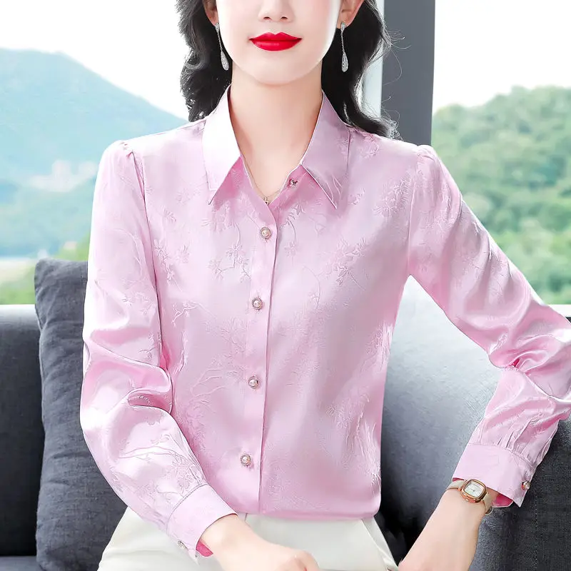 

Elegant Jacquard Long Sleeve Shirt Stylish Spring Autumn Versatile Mom