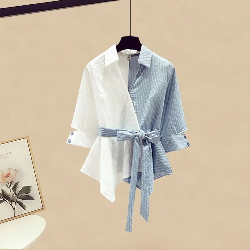 Summer New Stitched Shirt Female Set Elegant Women\'s Casual Blouse Half-Length Skirt Two Piece Set Ladies