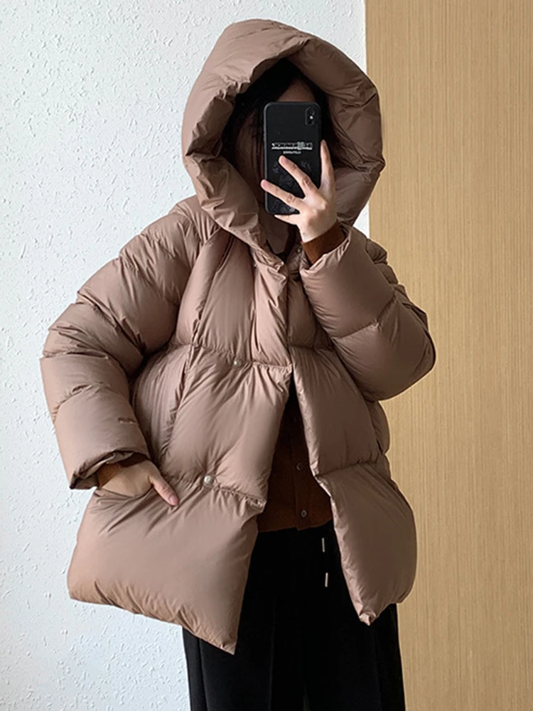 [LANMREM] High End Solid Hooded Cotton Padded Coat Women's Warm Single Breasted Loose Jackets Versatile 2024 New Winter 2VV1830