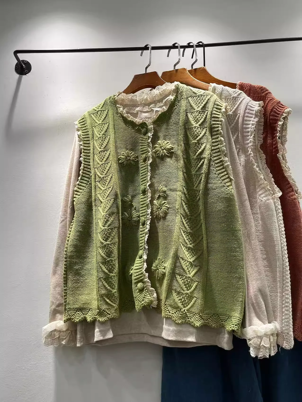 

Mori girl vintage sweater vest for women autumn winter Japan style green beige orange handmade embroider knit cardigan