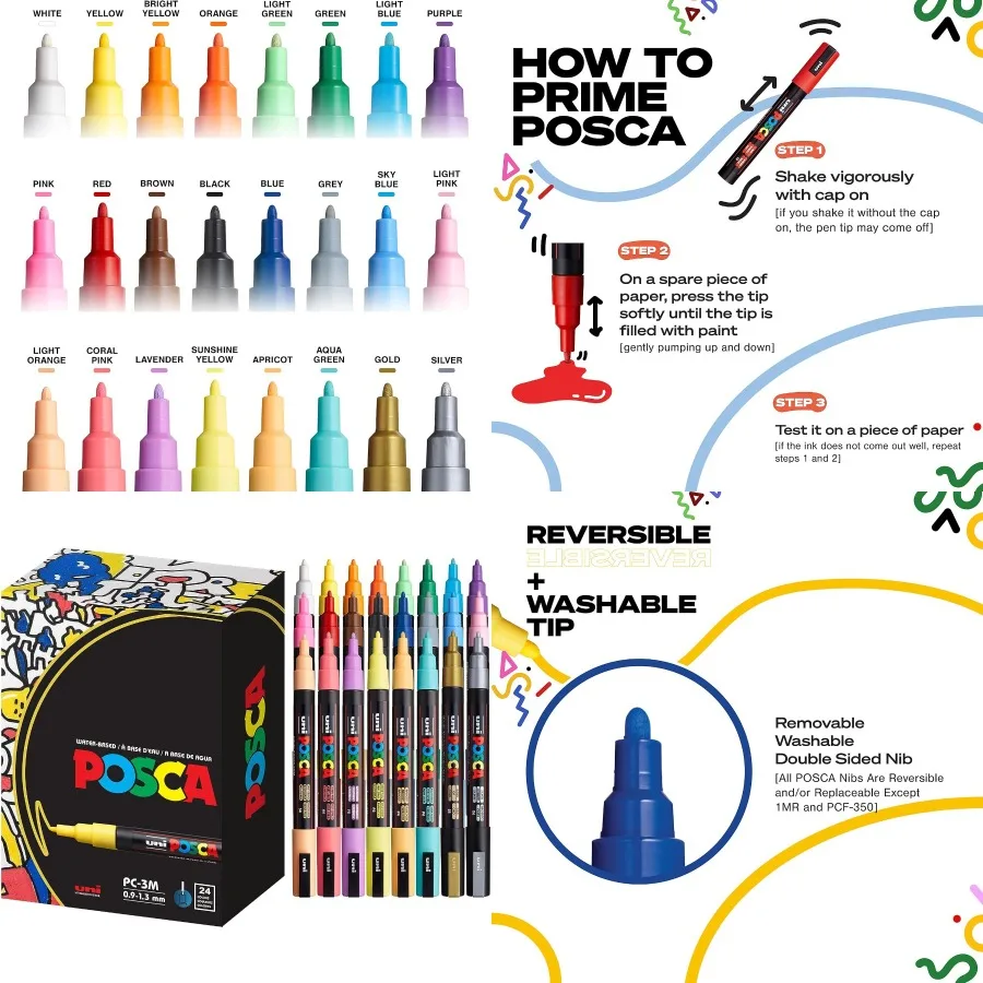 

Маркеры POSCA 3M, тонкие акриловые маркеры с двусторонними наконечниками для художественных проектов, идеально подходящие для украшения ткани, металла, стекла и C