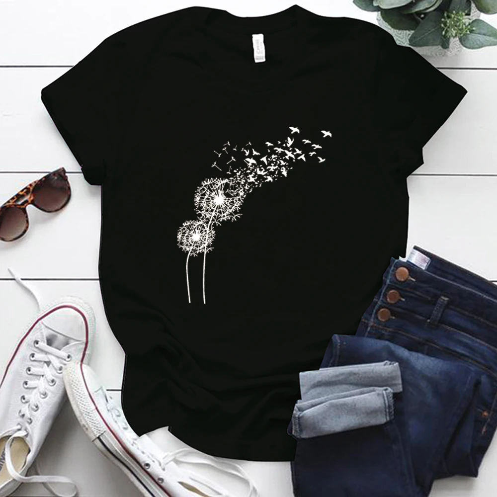 Seeyoushy Harajuku Shirt Dandelion Printing Graphic Tees Women Street Style Short Sleeve O-Neck Cotton Woman Tshirts Tops Tees