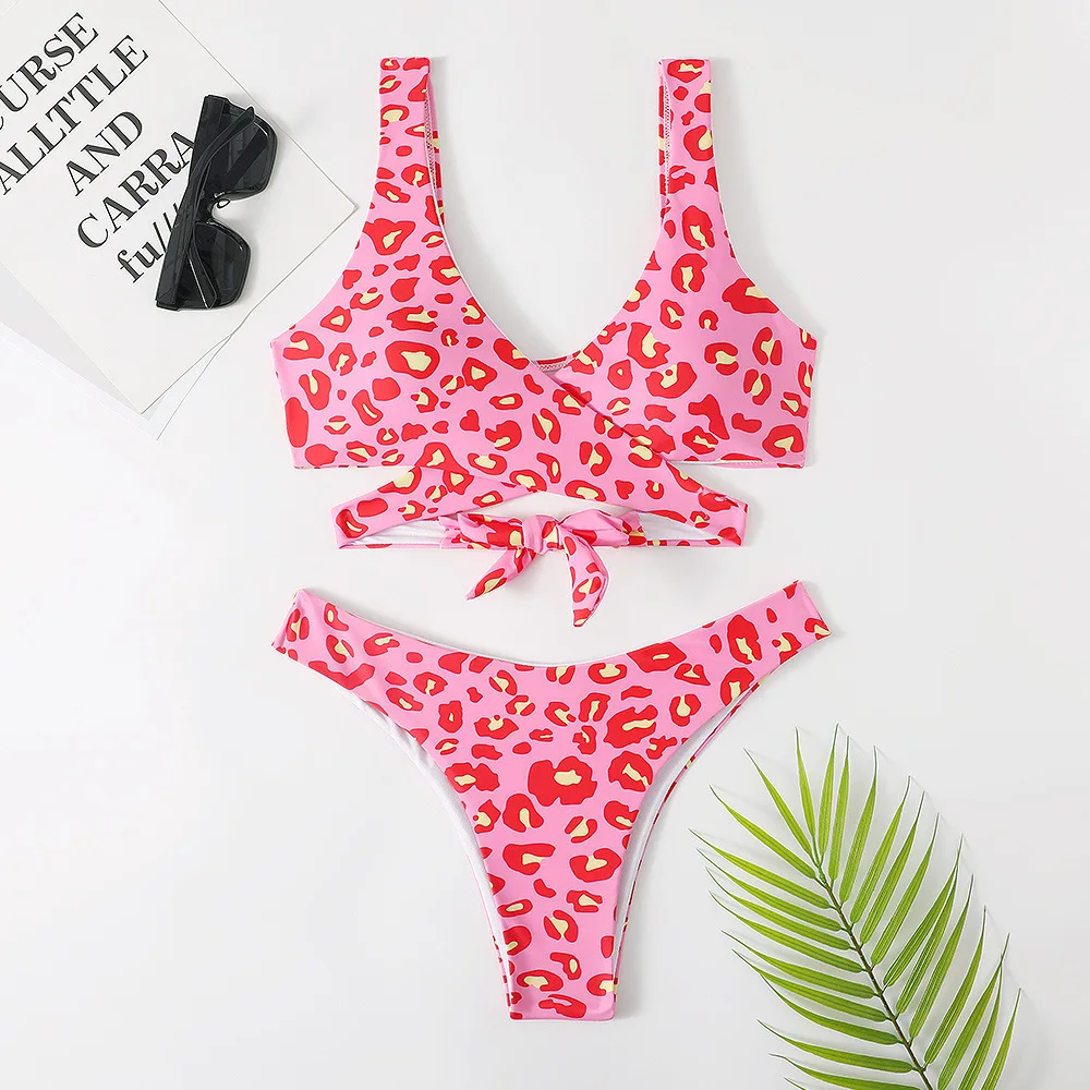 

Розовые комплекты бикини с леопардовым принтом De Mujer, купальник с крестообразным узлом, микро-стринги, сексуальный купальник, женский купальный костюм с высоким вырезом, бикини