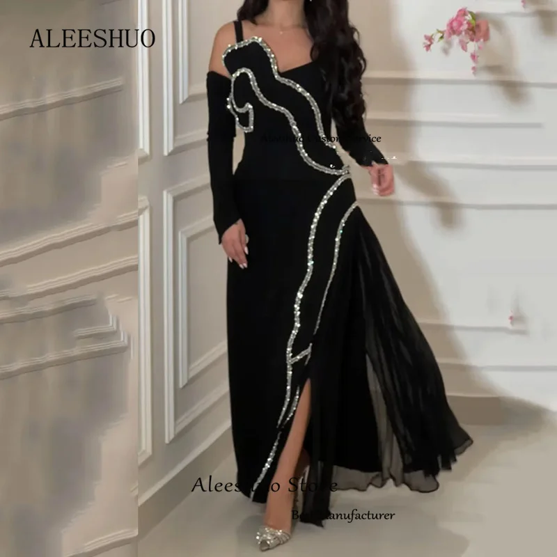 Aleeshuo Modern Black Saudi Arabia A-Line Prom Dress Long Sleeve Formal Side Slit Shiny Beading Evening Dress Ankle-Length 2024