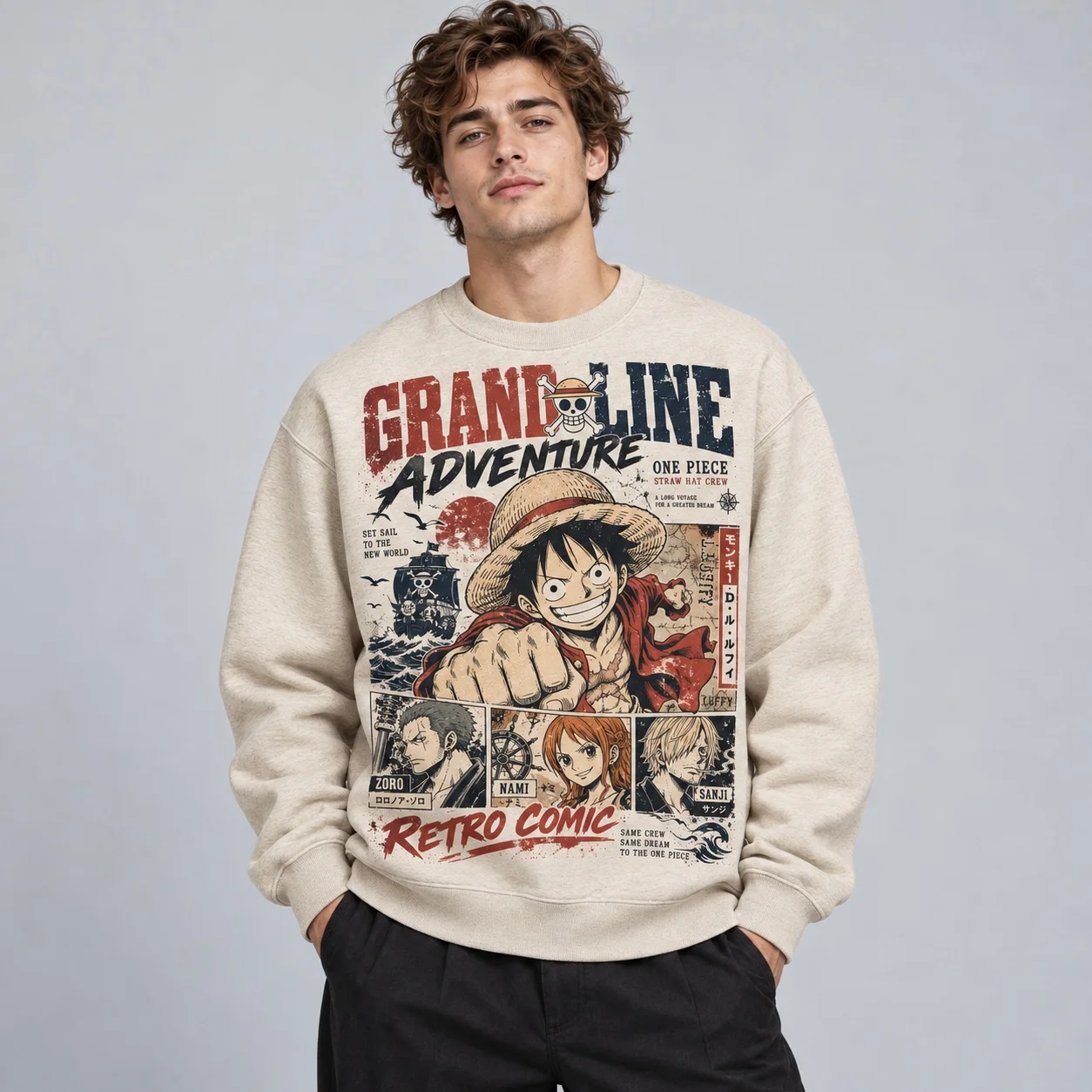 Men One Piece Grand Line Sweatshirt Retro Comic Luffy Crew Graphic O Neck Pullover Casual Streetwear Tops Clothes