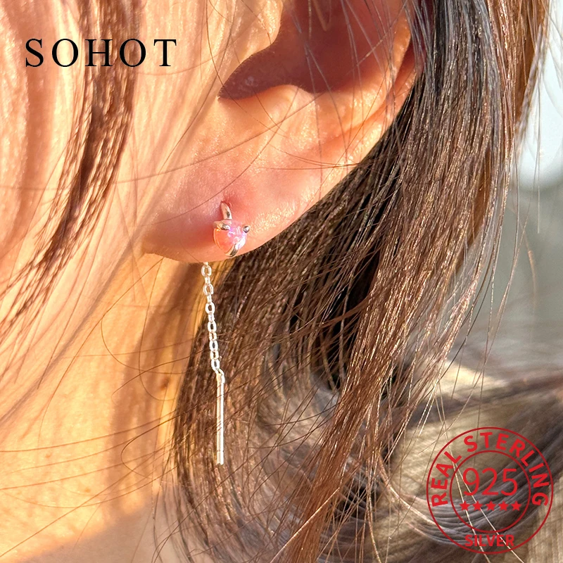 

Real 925 Sterling Silver Colorful Opal Trendy Chain Tassel Stud Earrings for Women Classic Fine Jewelry Geometric Accessories