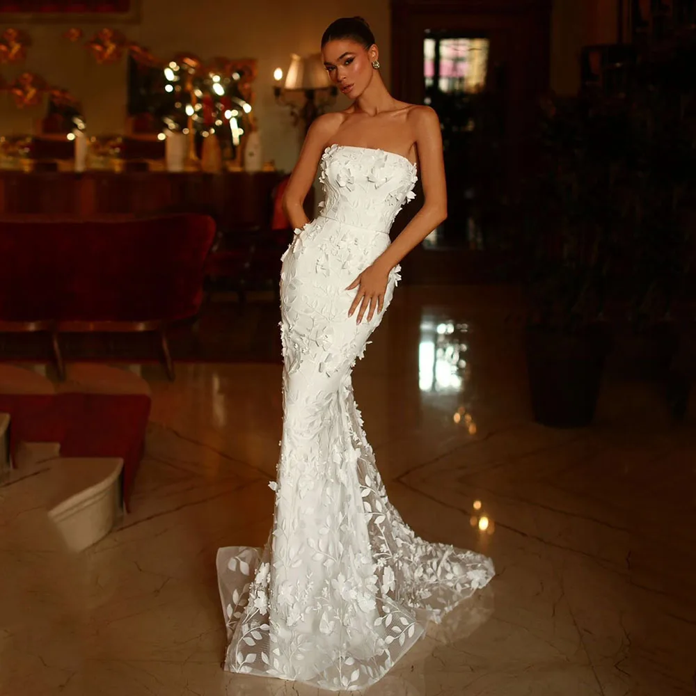 

Modern 3D Flowes Strapless Mermaid Wedding Dresses Detachable Puff Sleeves Exquisite Bride Dress 2024 Vintage Wedding Gowns