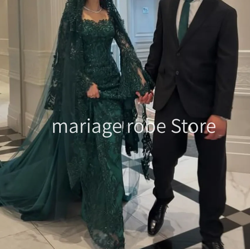 Jägergrünes Luxus-Meerjungfrau-Hochzeitskleid mit Überrock Afghanisches Brautkleid mit Langen Ärmeln Perlenbesetztes Henna-Brautkleid Maßanfertigung