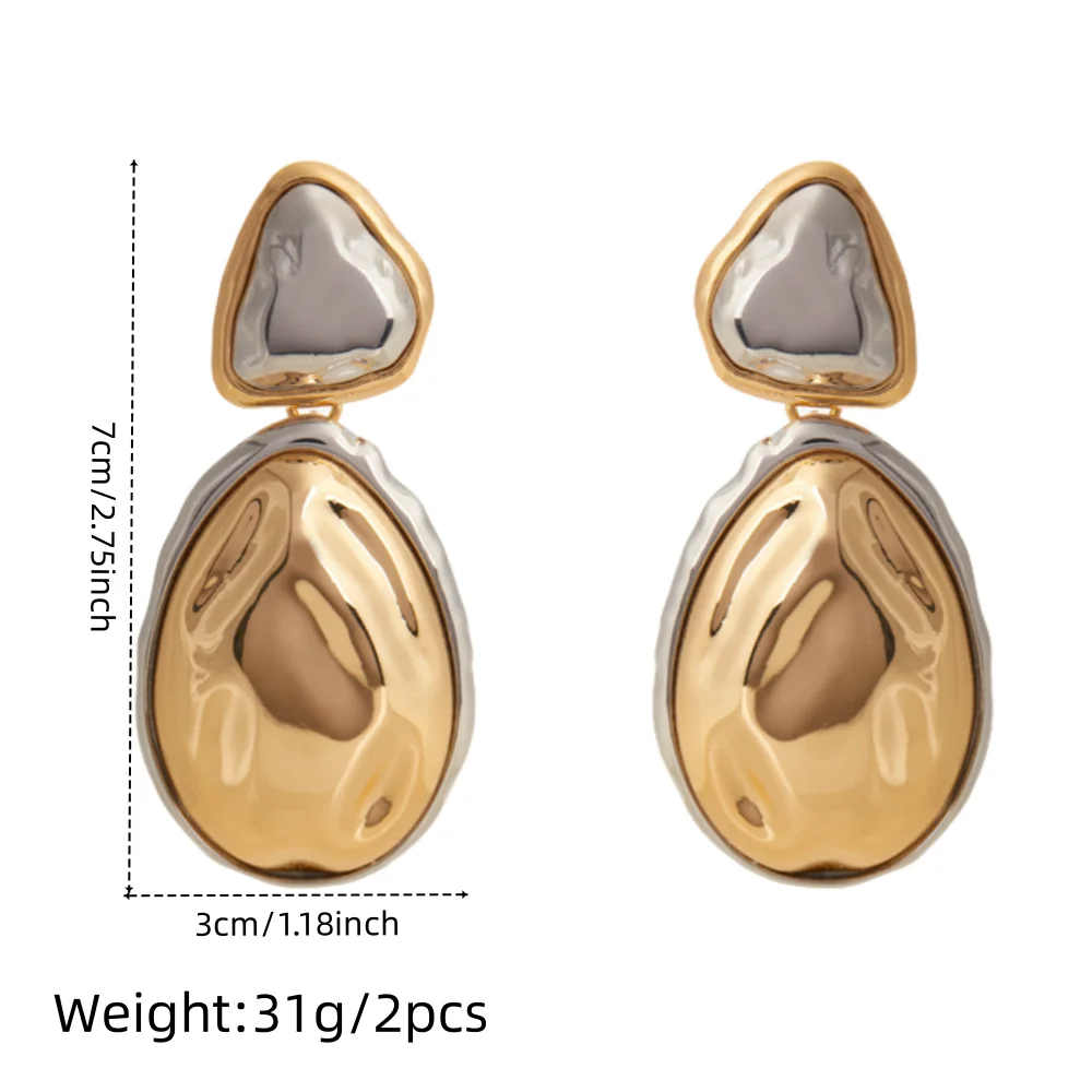 Vintage Two Tone Metal Drop Earrings for Women Irregular Geometric Statement Earrings with High Gloss Finish Unique Retro Design