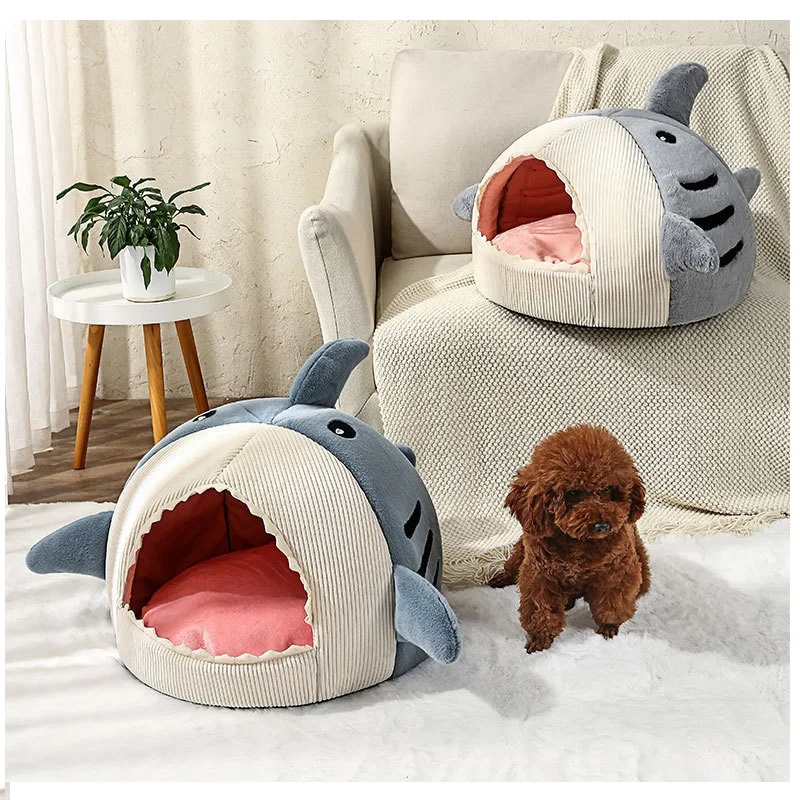 Cartoon Pet Semi Enclosed Cat and Dog Bed Big Mouth Shark Warm Kennel Pet Tent Comfortable Cave Soft and Washable Portable Nest