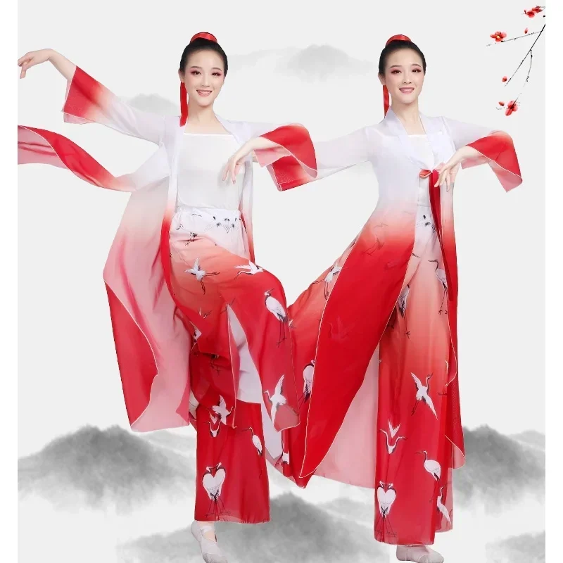 คลาสสิกเต้นรําเครื่องแต่งกายผู้หญิงElegantจีนเต้นรําพัดลมเต้นรําHanfuเสื้อสเวตเตอร์ถักชุด 2 ชิ้น