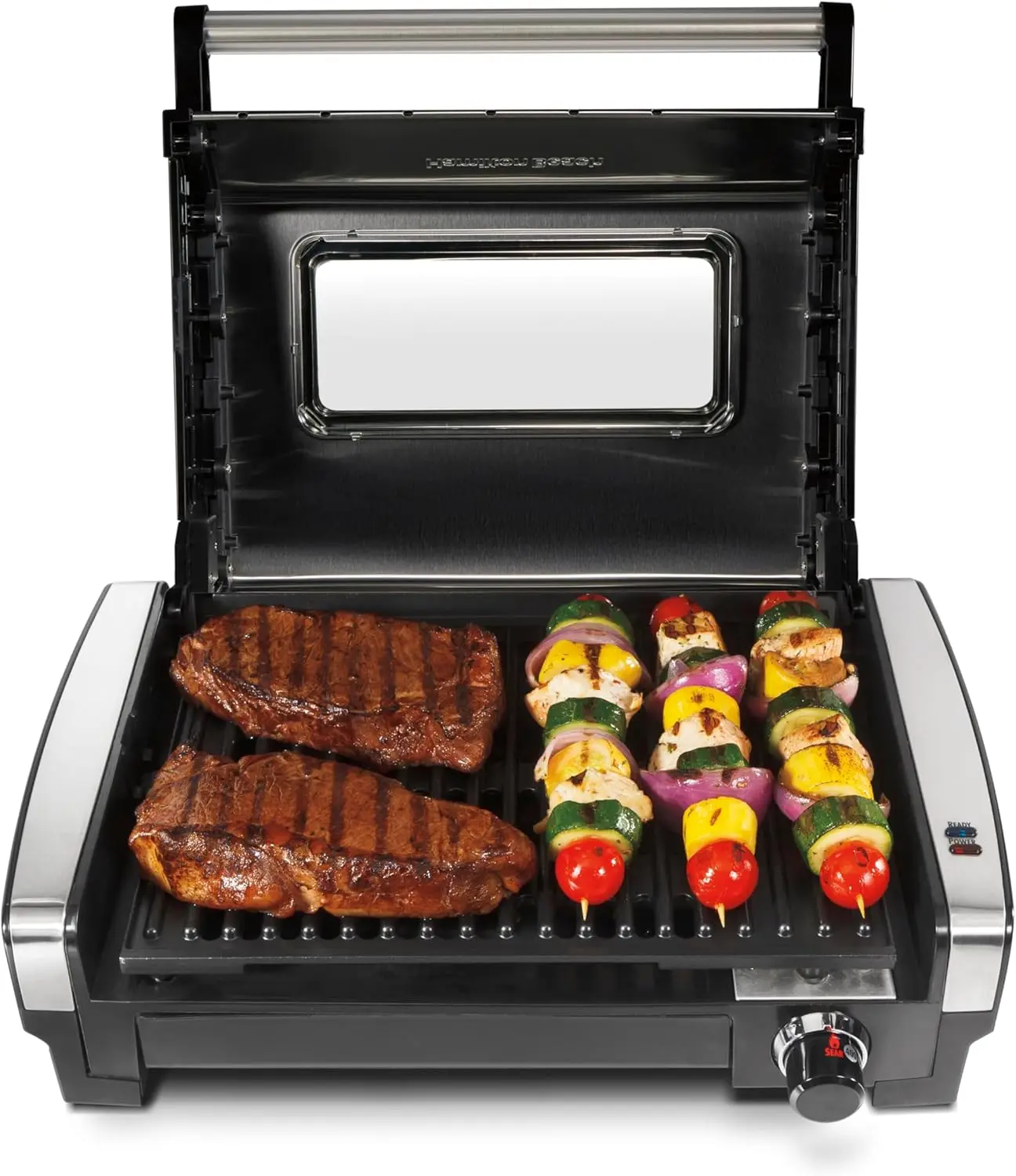 

Electric Indoor Searing Grill with Viewing Window, Adjustable Temp to 450F, 118 sq. in Nonstick Surface, Stainless Steel