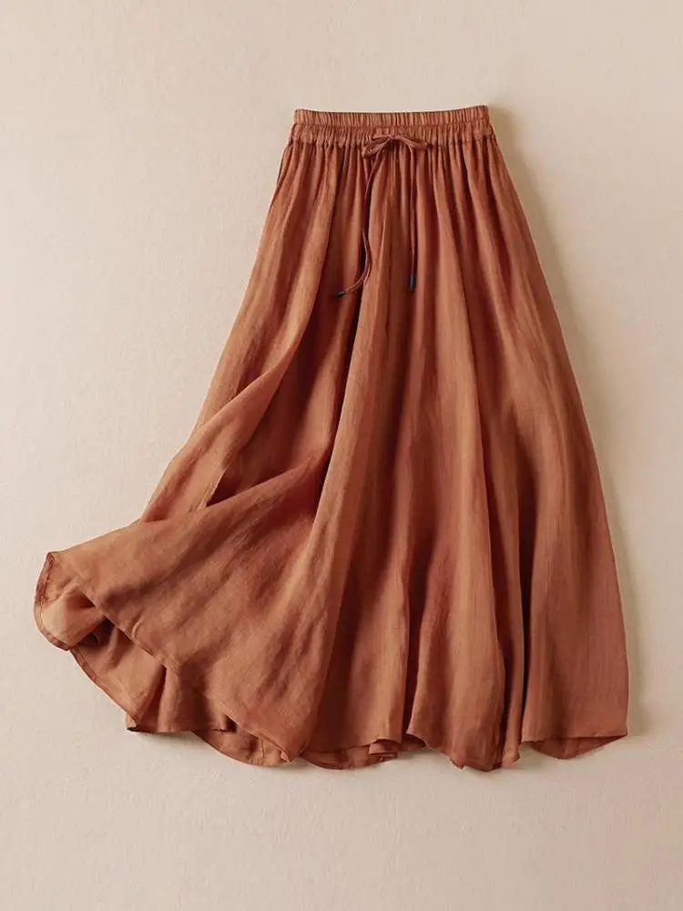 

Solid Elegant Retro And Artistic High Waist Pleated Party Skirts Women 2023 Summer Female Elastic Waist Midi Skirt Simplicity