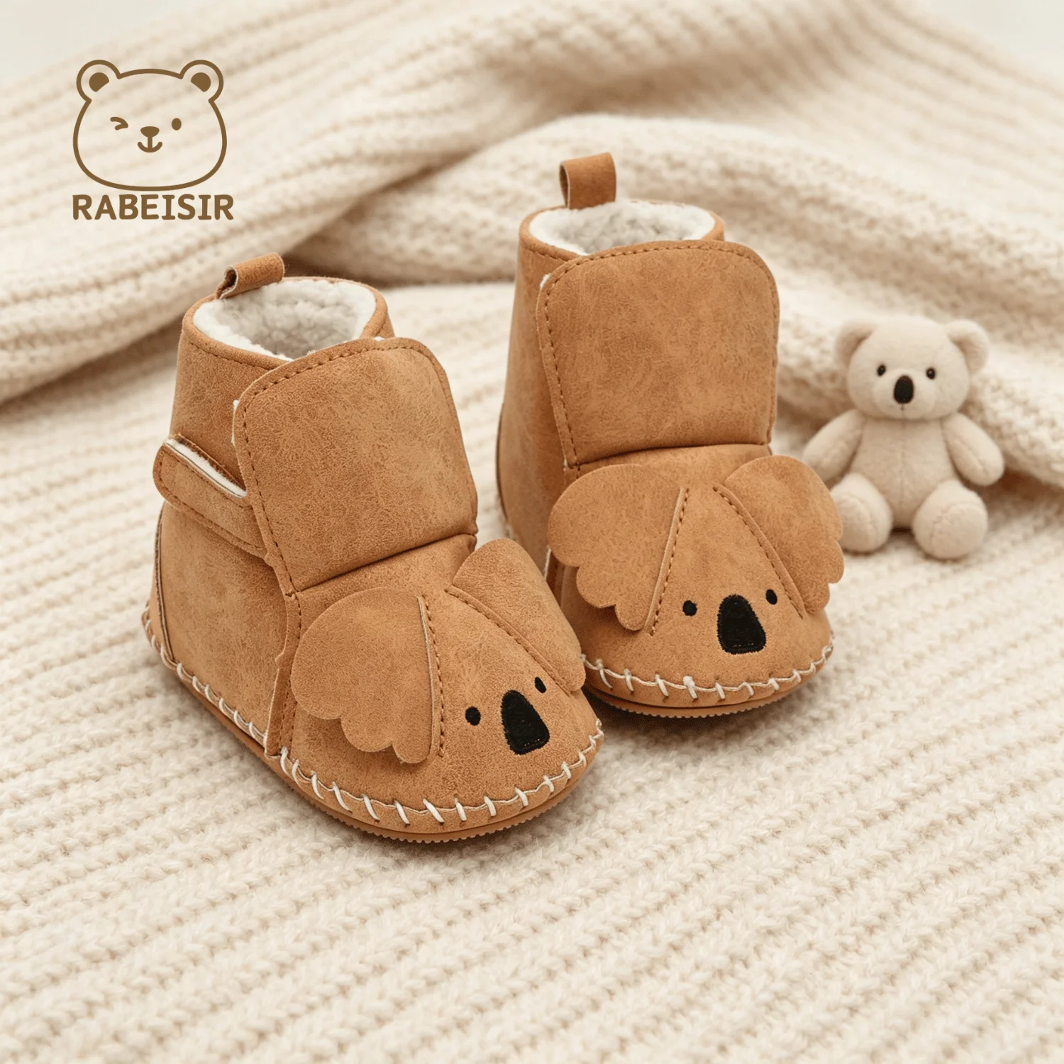 Winter Fleece-Lined Koala Baby Short Boots, Faux Suede with Hand-Stitched Heel Tabs, Soft-Soled Baby Walking Shoes