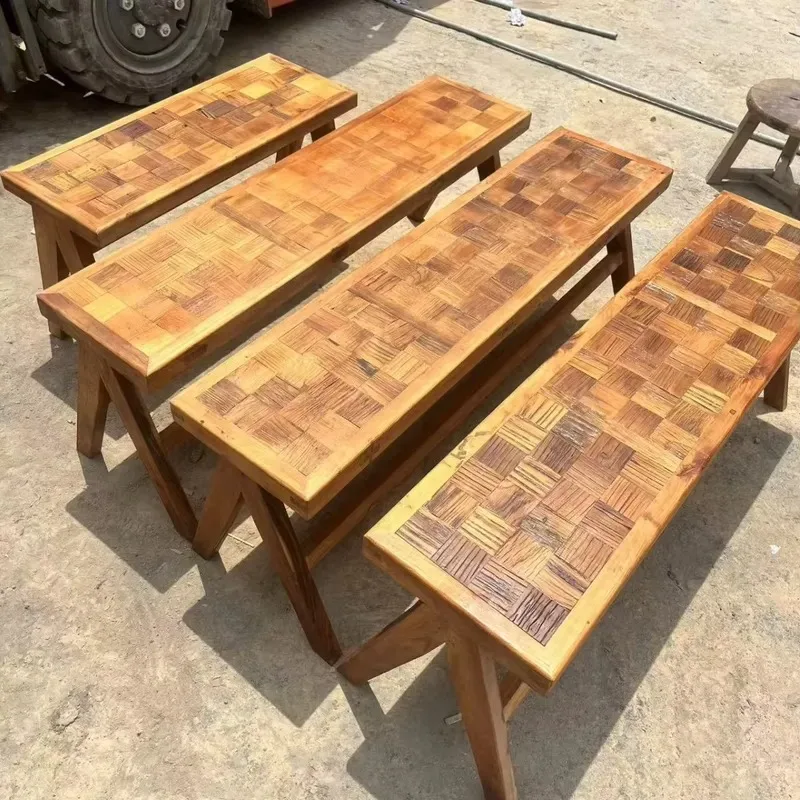 Retro Old Elm Bench Solid Wood Bedside Stool Shoe Changing Stool Low Stool Double Flower Pattern Casual Bench for Home Door