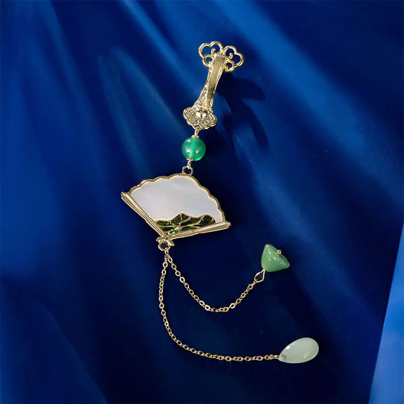 Chinese-style Fan-shaped Pearl Lotus Brooch Natural Shell Corsage Qipao Dress Lapel Pin High-grade Design Long Tassel Jewelry image 6