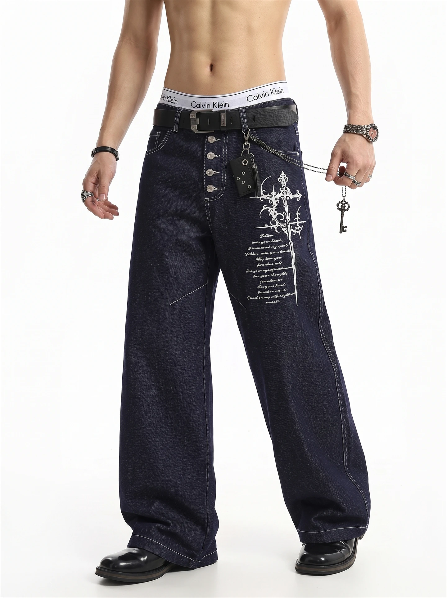 American High Street Retro Original Denim Gothic Print Button Decorated Loose Wide Leg Jeans Youthful Style Casual Wear