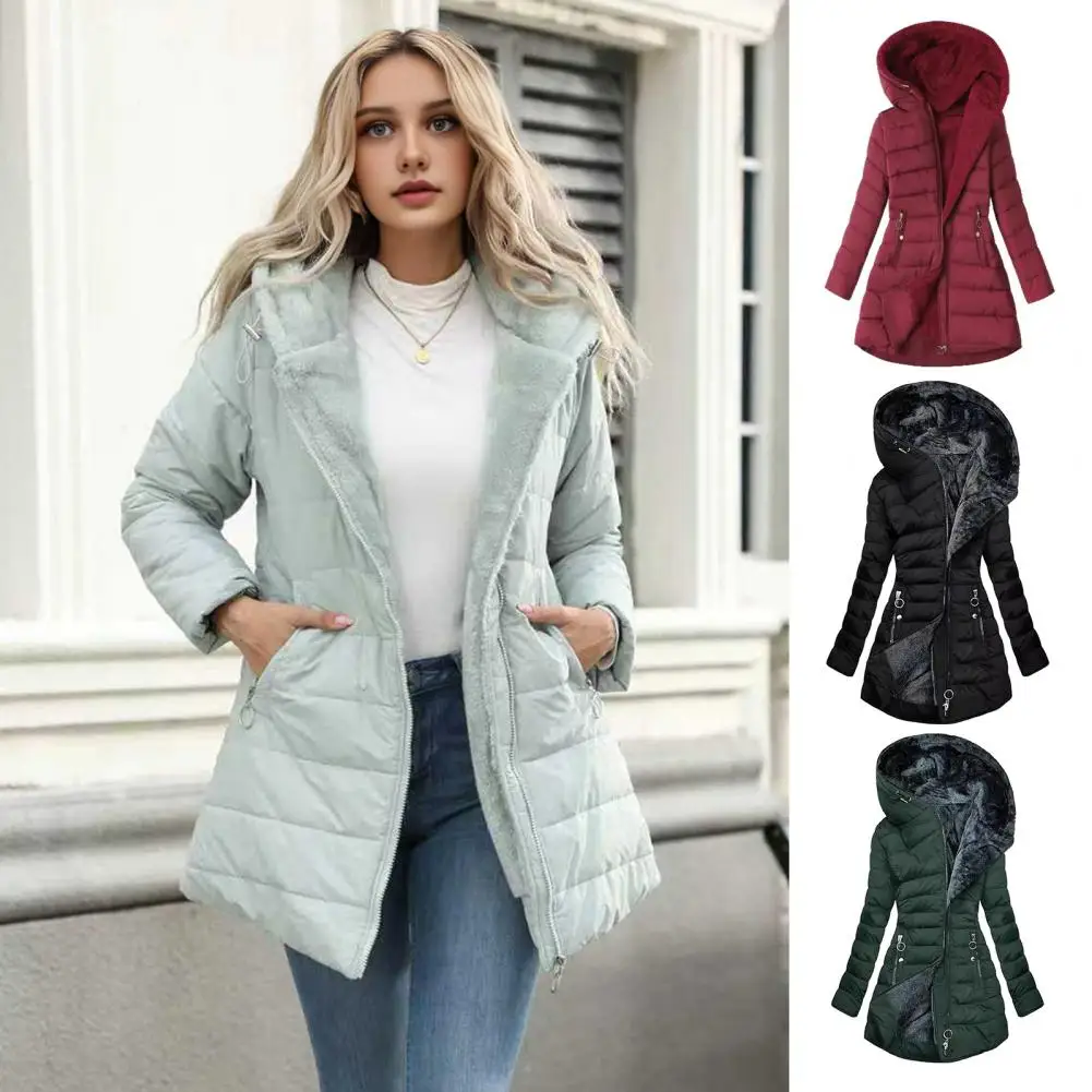

Пальто с длинными рукавами, однотонная женская зимняя куртка с плюшевой подкладкой, верхняя одежда с капюшоном, теплое ветрозащитное пуховое пальто для холодной погоды