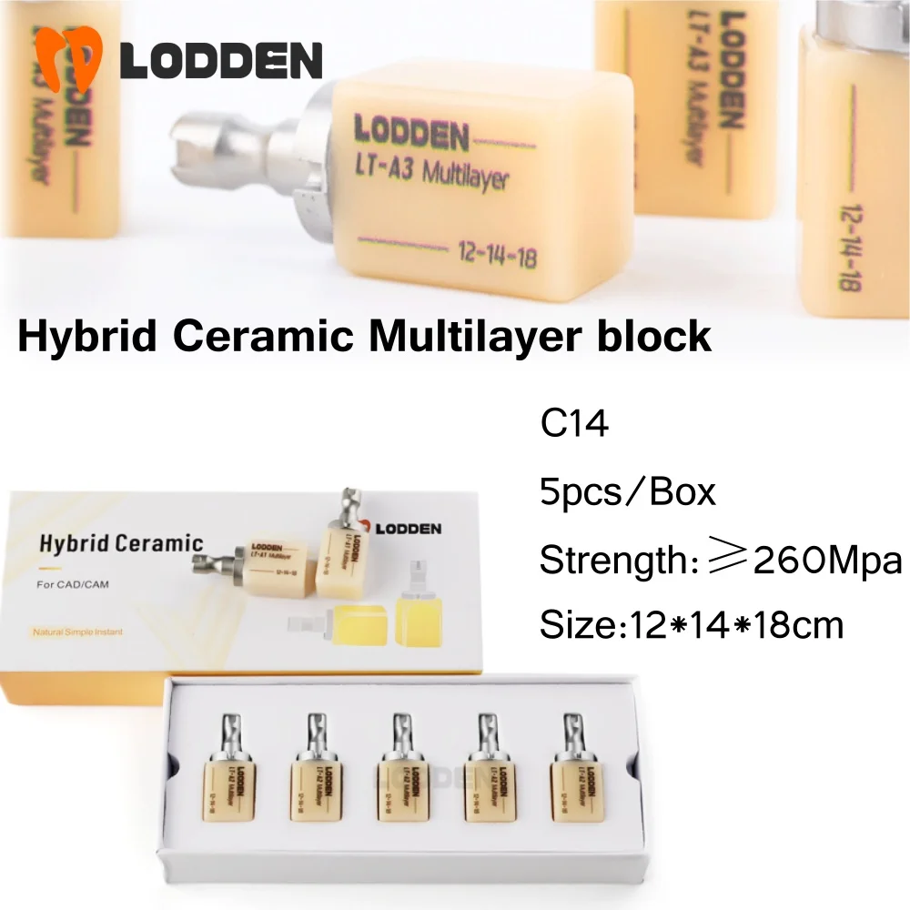 

Lodden Multilayer Hybrid Ceramic Block C14 Dental Hybrid Ceramic Cerec Composite Block LT/HT A1/A2/A3/B2 Lab Materias