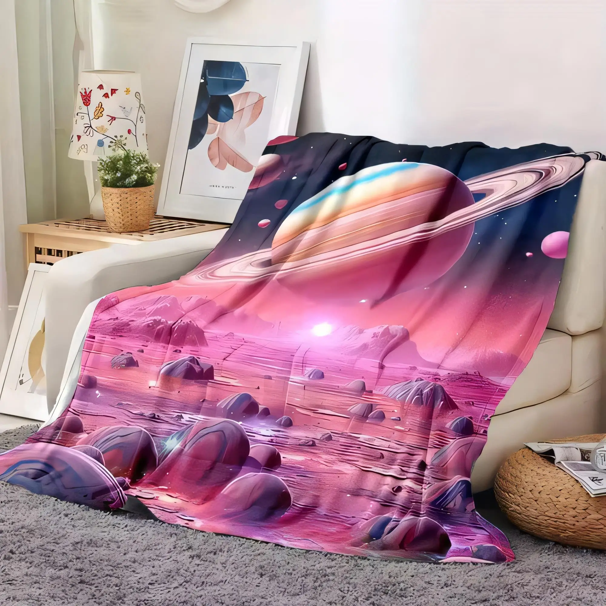 

Одеяло Surreal Space-Themed для дивана, бежевое покрывало для дивана с ярким розовым и фиолетовым горизонтом, уютный домашний декор, идеально подходит для Livi