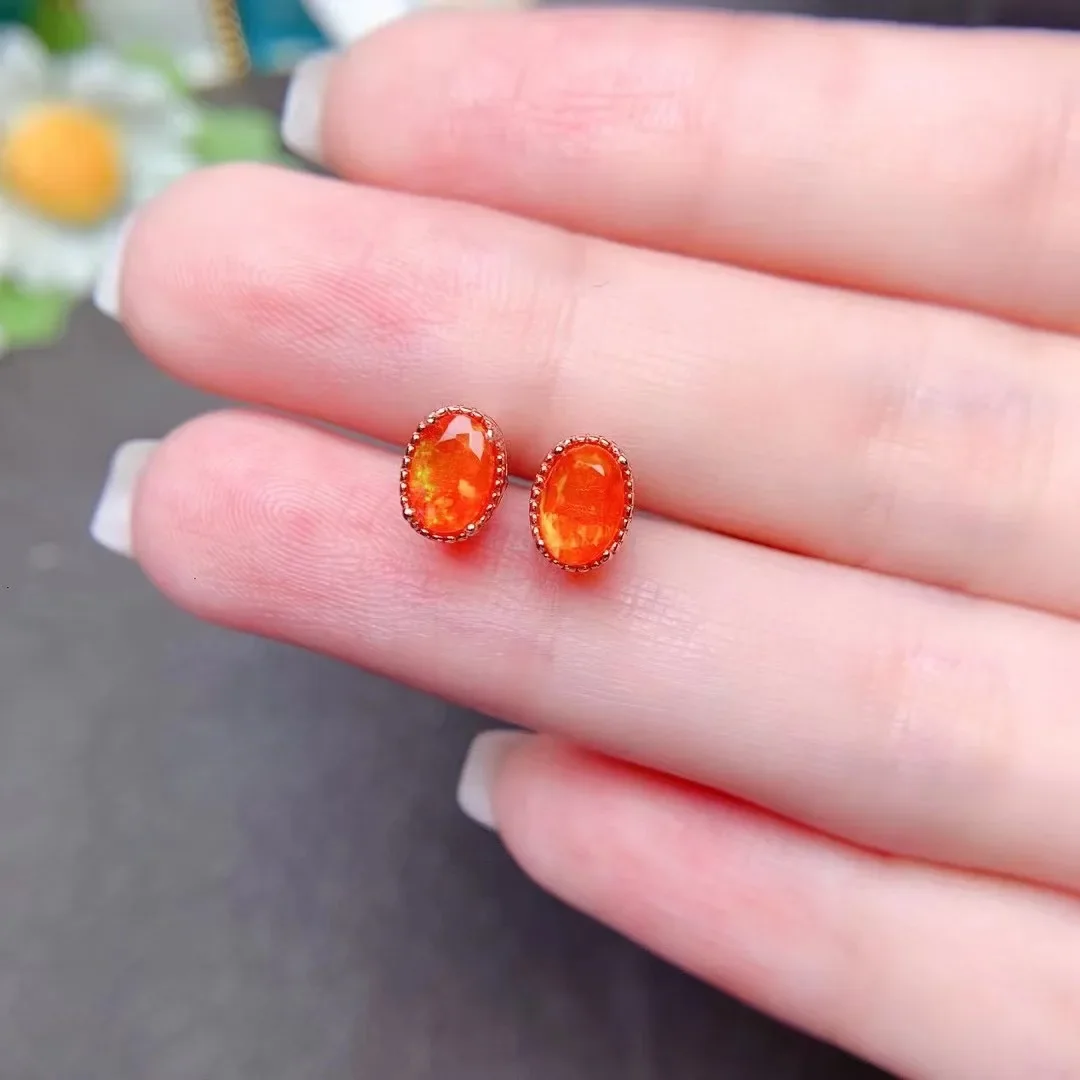 Natural 4*6mm Fire Opal Earrings Simple Ladies Earrings S925 Sterling Silver Boutique Fashion Wedding Jewelry
