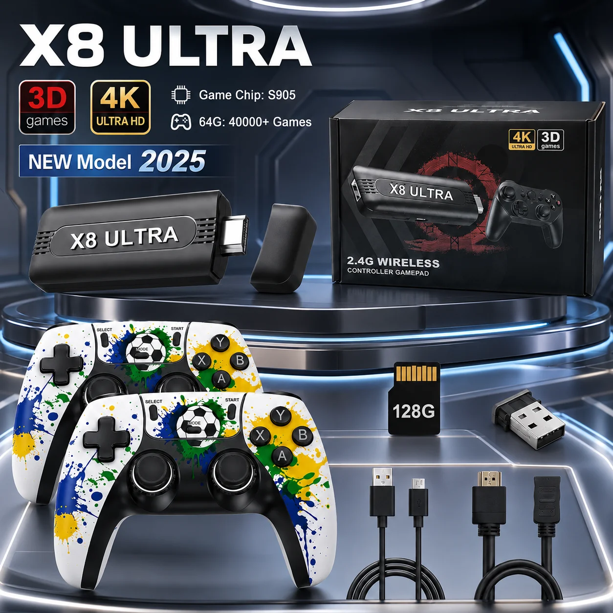 Nova Caixa de Jogos 4K de 128G para TV 2026 com Mais de 50.000 Jogos Retrô e Suporte para Controle Sem Fio PSP N64 PS1