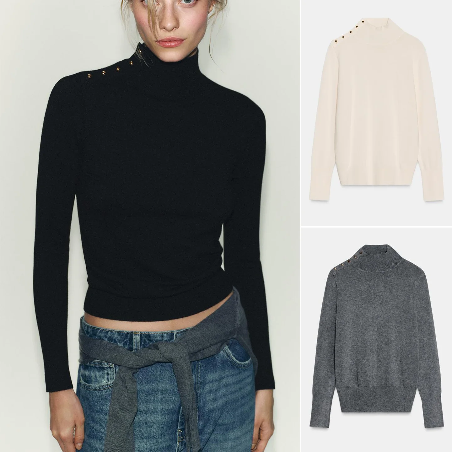 

Осень-зима, Новое поступление, женский свободный длинный свитер-стойка с воротником-стойкой, позолоченный слой на пуговицах, вязаный свитер с плоской иглой